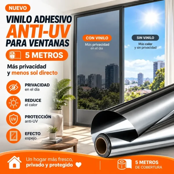 Vinilo Adhesivo Anti-UV para Ventanas 60 cm x 5 Metros | Más Privacidad y Menos Sol Directo